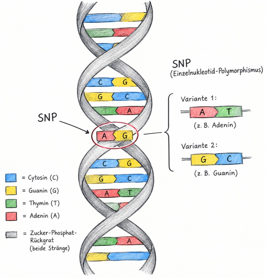Schematische Darstellung eines SNP: eine einzelne veränderte Base (hier A statt G) im DNA-Doppelstrang, mit Farblegende der vier Basen Cytosin, Guanin, Thymin und Adenin.